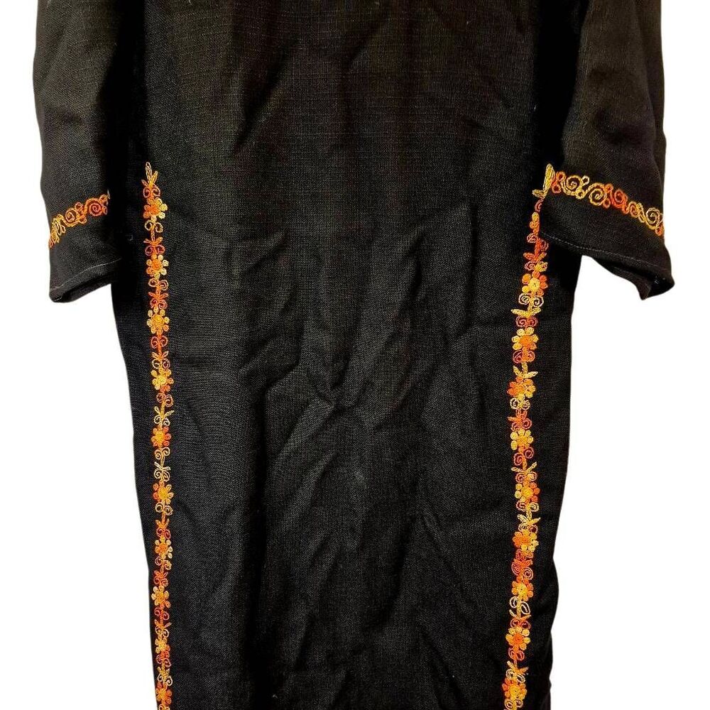 Caftan, Black w Gold & Orange Embroidery Cotton/Poly Textured Tunic Dress NEW w - Picture 3 of 12